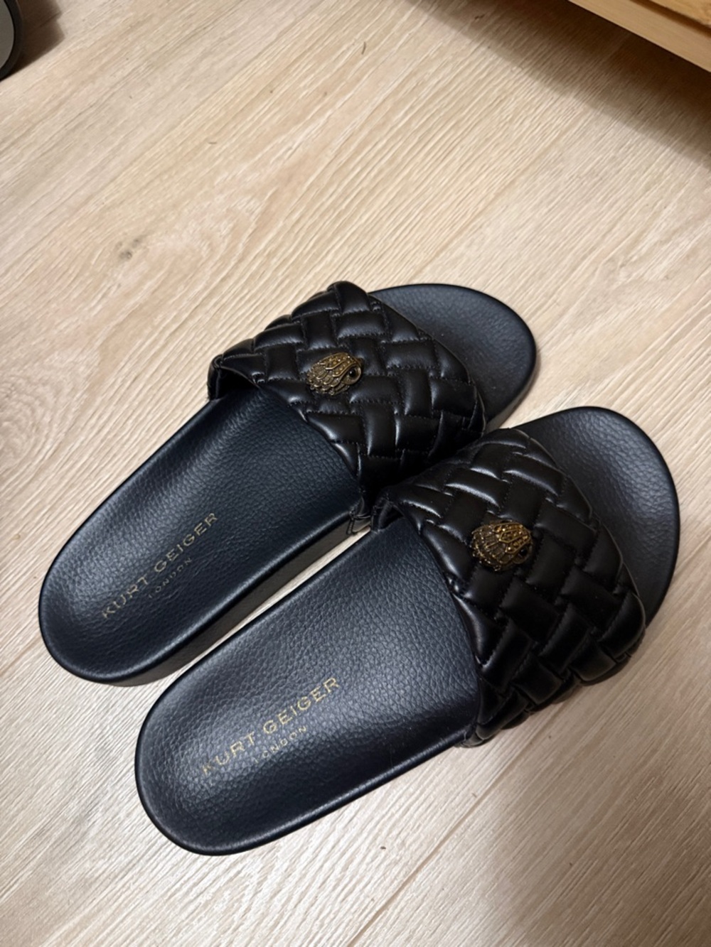 Kurt Geiger Black Quilted Slide Sandals with Gold Crest